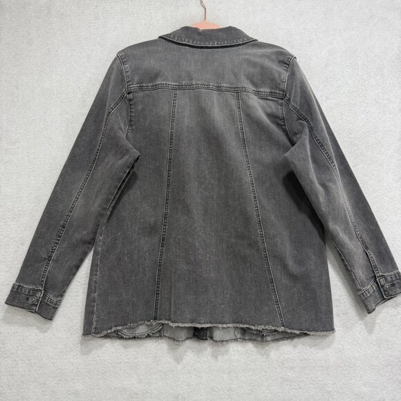 LOGO Lori Goldstein Longline Jacket Womens 14 Gray Denim Button Front Raw Hem - Picture 8 of 9